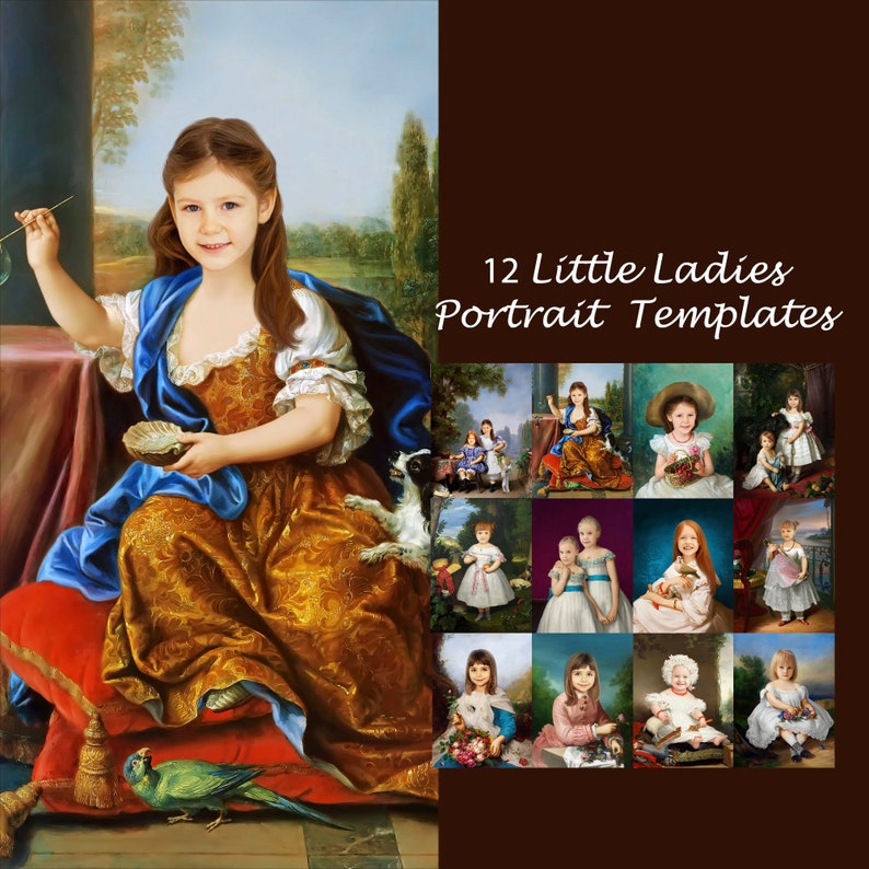 May include: Twelve digital portrait templates featuring young girls in various poses and settings. The templates are ideal for creating personalized portraits.