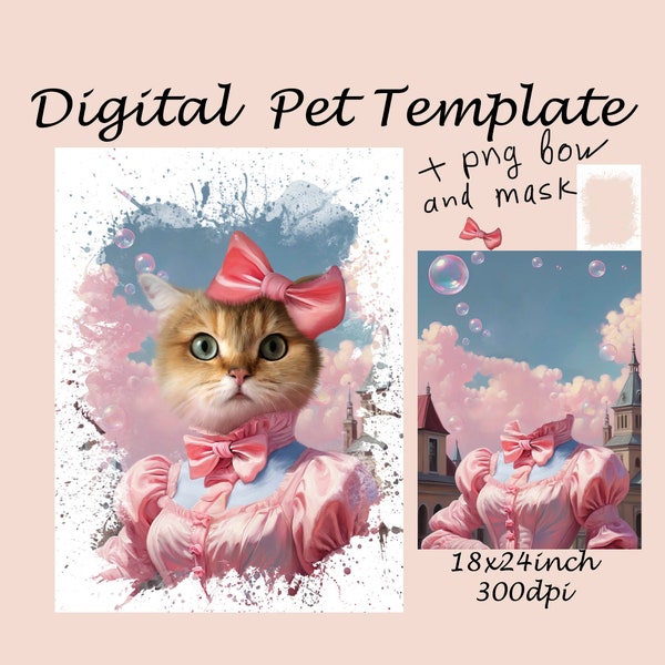 Animal Portrait digital template, Pink Coquette pet portrait, Photoshop background, backdrop costume JPG