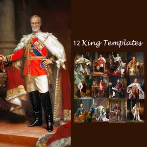 May include: A collage of 12 different king templates for photo editing. Each template features a different king in a regal pose, wearing elaborate clothing and accessories. The templates are ideal for creating personalised portraits or humorous memes.