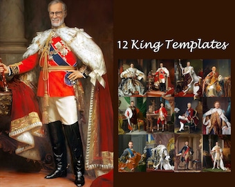 May include: A collage of 12 different king templates for photo editing. Each template features a different king in a regal pose, wearing elaborate clothing and accessories. The templates are perfect for creating personalized portraits or humorous memes.