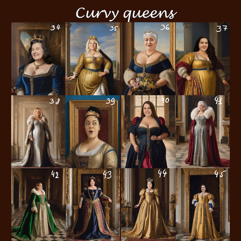 May include: A collage of 10 images featuring women in various poses, dressed in elaborate gowns and crowns, resembling royalty. The images are arranged in a grid with numbers 34 through 45 labeled above each image.