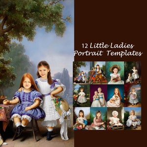 May include: Twelve digital portrait templates featuring young girls in various poses and settings. The templates are designed for use with photo editing software to create personalized portraits.
