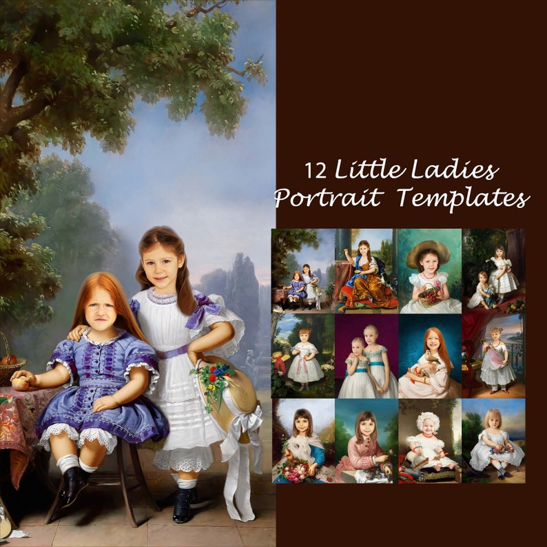 May include: Twelve digital portrait templates featuring young girls in various poses and settings. The templates are designed for use with photo editing software to create personalized portraits.