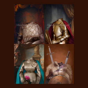 May include: Four digital images of a knight's armor with a dog's head superimposed on the body. The armor is silver, gold, and black. The dog's head is brown and furry. The images are set against a background of a painting of a knight in armor.