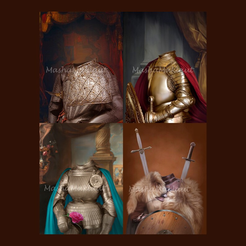 May include: Four digital images of a knight's armor with a dog's head superimposed on the body. The armor is silver, gold, and black. The dog's head is brown and furry. The images are set against a background of a painting of a knight in armor.