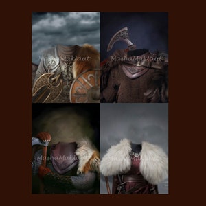 May include: Four digital photo booth frames featuring a Viking warrior costume with a brown leather chest piece, chainmail, fur, and a battle axe.