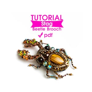 Op de afbeelding: Een tutorial voor het maken van een hertenkever broche met kralen en pailletten. De tutorial is beschikbaar als PDF-download. De afbeelding toont een afgewerkte hertenkever broche met een tijgeroog steen voor het lichaam.
