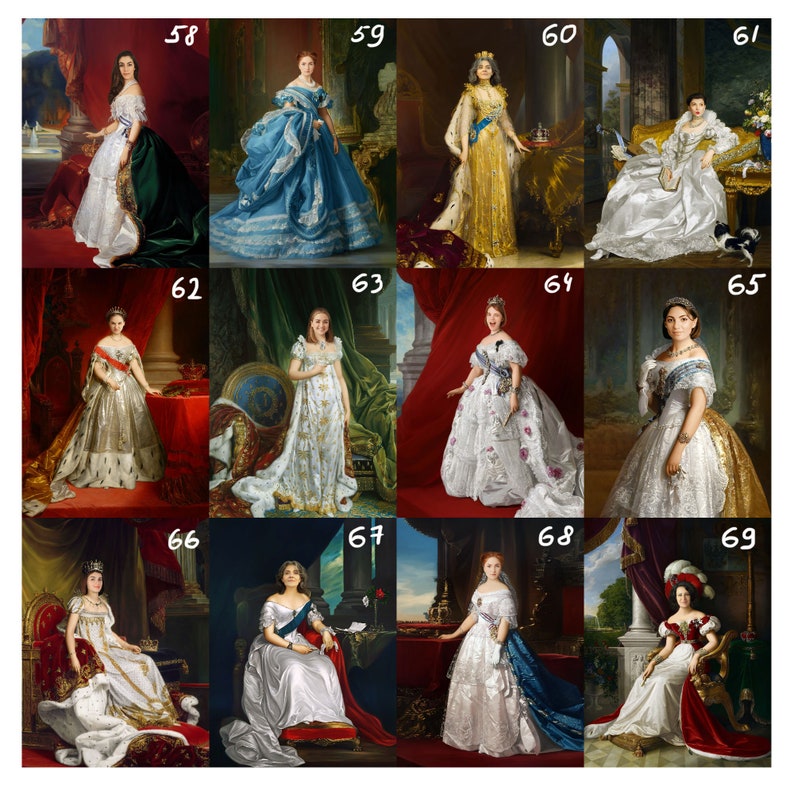 May include: A collection of 10 digital paintings featuring women in various poses and clothing. The women are wearing dresses, gowns, and other formal attire. The paintings are set in different locations, including a palace, a garden, and a forest.