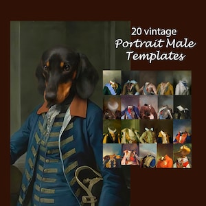 BUNDLE 20 royal pet portrait templates, vintage male animal portrait, backdrop costume, digital background JPG image 1