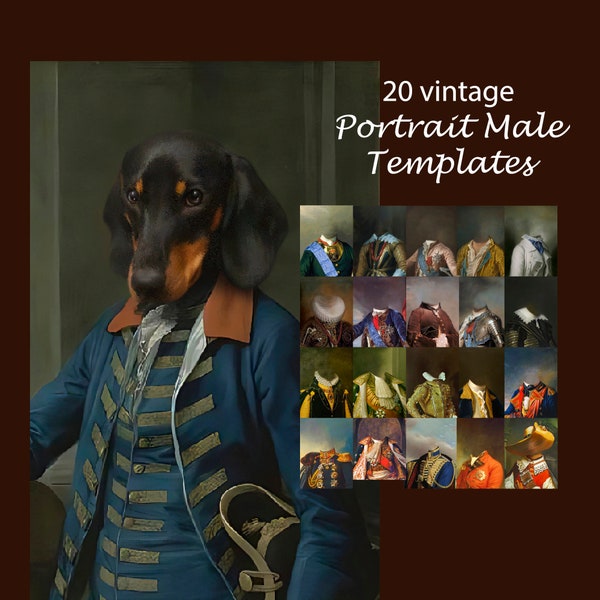 BUNDLE -20- plantillas de retratos de mascotas reales, retrato de animal macho vintage, traje de fondo, fondo digital JPG