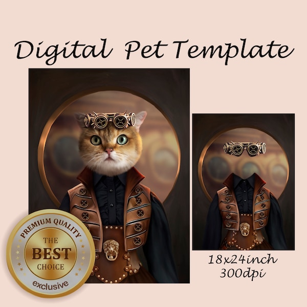 Steampunk Pet girl portrait template, modern pet portrait, steampunk backdrop costume, Photoshop template JPG