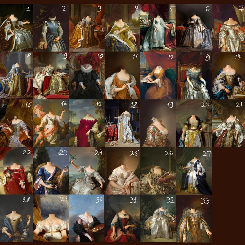 May include: A collage of 33 images featuring portraits of women in various poses and clothing. The women are wearing dresses, gowns, and other formal attire. The images are arranged in a grid pattern.