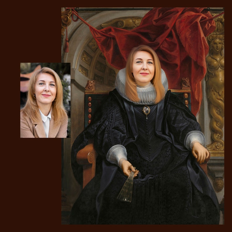 May include: A woman in a black dress with a white lace collar and a fan in her hand sits on a throne with a red drape behind her.