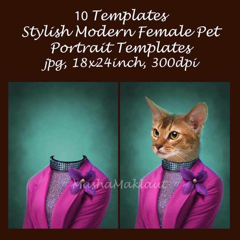 May include: Two digital templates for creating pet portraits. The templates feature a pink blazer with a sparkly collar and a purple flower. One template shows the blazer with a blank space for a pet's head, while the other template shows a cat wearing the blazer.