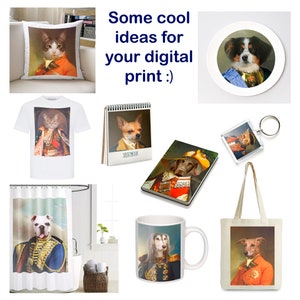 May include: A collection of different products featuring images of pets dressed in regal attire. The products include a pillow, t-shirt, sketchbook, notebook, keychain, tote bag, shower curtain, and mug.