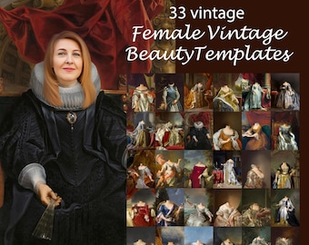 May include: 33 vintage female beauty templates. A collage of 33 vintage paintings of women with their heads removed, ready to be used as templates for photo editing.