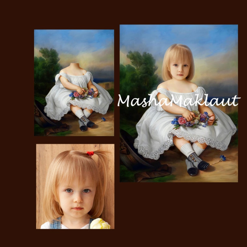 May include: A young girl in a white dress with lace trim sits on a brown surface holding a bouquet of flowers. The background is a painting of a landscape with a blue sky and green trees. The text "Masha Maklaut" is visible in the background.