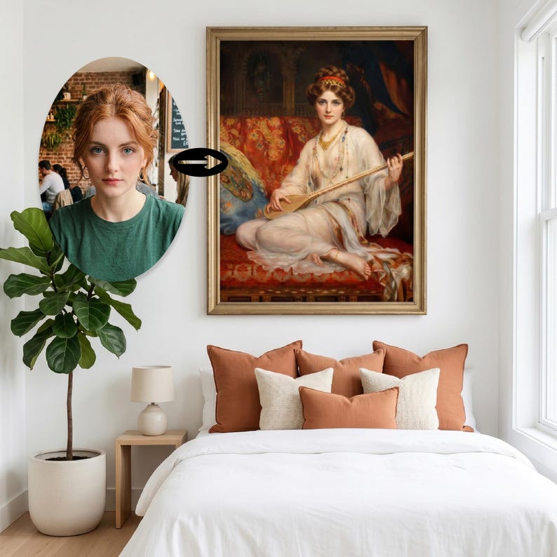 May include: A framed oil painting depicting a person in a white robe playing a stringed instrument while seated on a red patterned sofa. The artwork is displayed above a bed with white bedding and several orange and cream-colored throw pillows.
