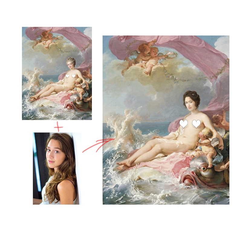 May include: A digital composite artwork featuring a portrait of a young person with long brown hair merged into a classical oil painting of a reclining figure on a sea shell, surrounded by cherubs, pink fabric, and ocean waves with white heart icons.