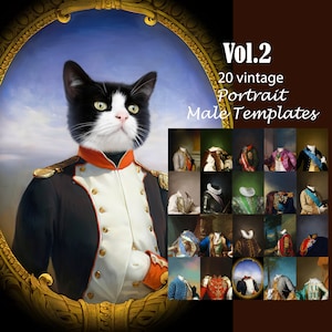 BUNDLE -20- royal pet portrait templates, vintage male animal portrait, backdrop costume, digital background JPG