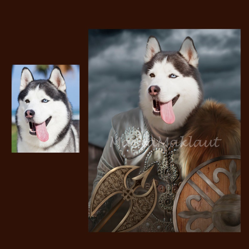 May include: A husky dog dressed as a warrior with a shield, axe, and fur-trimmed armor. The dog is wearing a silver and gold patterned armor with a brown fur collar. The dog is holding a shield with a brown wooden frame and a gold design. The dog is also holding an axe with a gold handle and a silver blade. The background is a dark stormy sky.