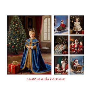 Portrait numérique personnalisé d'enfants de Noël, portrait de père Noël, carte de voeux personnalisée de nouvel an, portrait à partir d'une photo