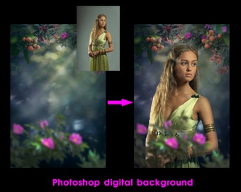 Portrait template Photoshop, Nature Garden flowers, Digital Background, Digital Layered PSD