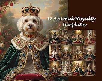 Plantillas de retratos de mascotas reales: Fondos digitales con disfraces de animales de la realeza vintage (JPG)