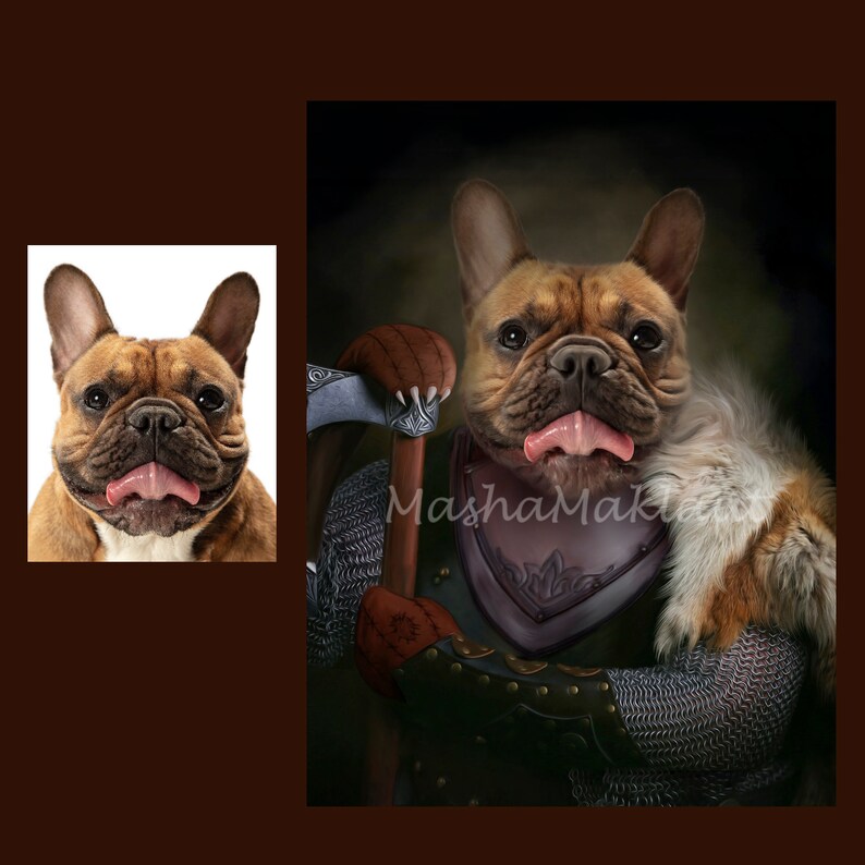 May include: A French Bulldog dressed as a warrior, wearing chainmail armor, a fur cloak, and holding an axe. The dog has a brown and white coat and is looking directly at the viewer.