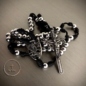 St Michael Rosary Necklace Catholic Rosary Beads Handmade Black Paracord Stainless Steel Beads St Michael Pendant Defender Rosary by In Via