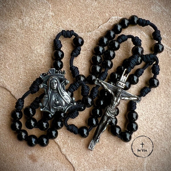 The In Via Blessed Mother Rosary Designed by Epic Daily Catholic | Handmade Catholic Rosary Beads Black Rosary Virgin Mary Pendant