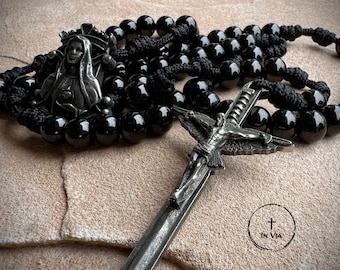 Virgin Mary Necklace Catholic Rosary Beads Black Rosary Virgin Mary Pendant Blessed Mother Defender Handmade Rosary Catholic Gifts by In Via
