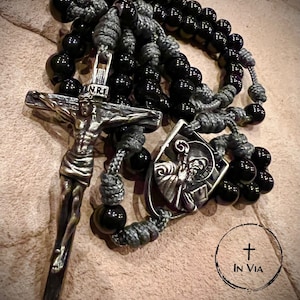 In Via St Benedict Handmade Rosary Necklace Catholic Rosary Beads St Benedict Pendant White Bronze Black Rosary Beads Catholic Gifts