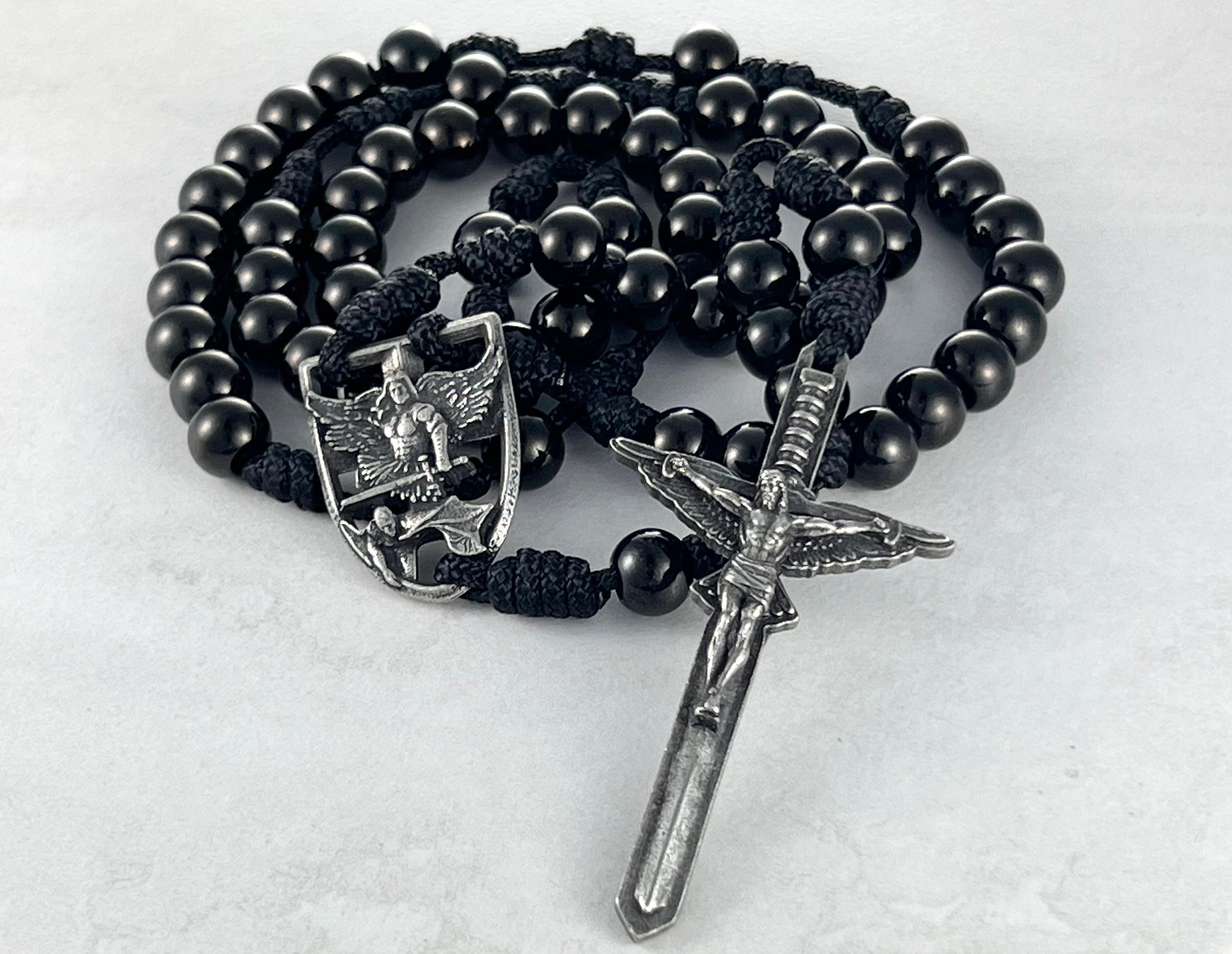 St Michael Rosary Necklace Catholic Rosary Beads Handmade Black