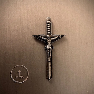 In Via Sword of the Spirit Crucifix Catholic Crucifix Pendant Catholic Cross Jesus Pendant Rosary Parts Distressed Metal (Crucifix Only)
