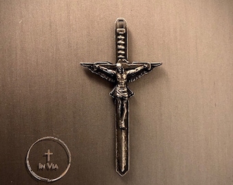 In Via Sword of the Spirit Crucifix Catholic Crucifix Pendant Catholic Cross Jesus Pendant Rosary Parts Distressed Metal (Crucifix Only)