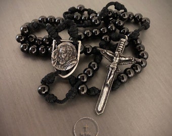 St Padre Pio Catholic Rosary Beads Handmade Rosary Necklace Paracord Rosary Black Stainless Steel Saint Padre Pio Defender Rosary by In Via