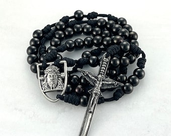 In Via Defender Handmade Rosary Catholic Prayer Beads Black Rosary Necklace Stainless Steel Rosary Beads Custom Shield of Faith Pendant