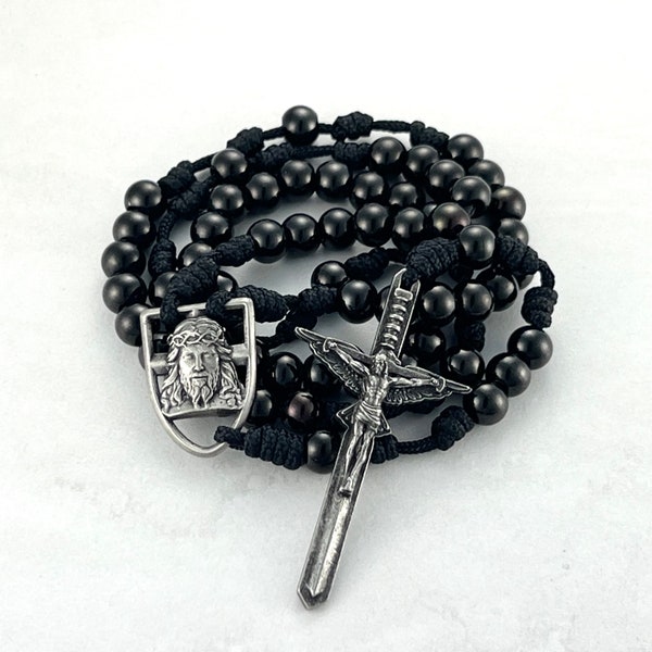 In Via Defender Handmade Rosary Catholic Prayer Beads Black Rosary Necklace Stainless Steel Rosary Beads Custom Shield of Faith Pendant