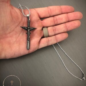 Sword of the Spirit Crucifix Necklace Catholic Crucifix Pendant Necklace Catholic Cross Jesus Necklace Distressed Metal