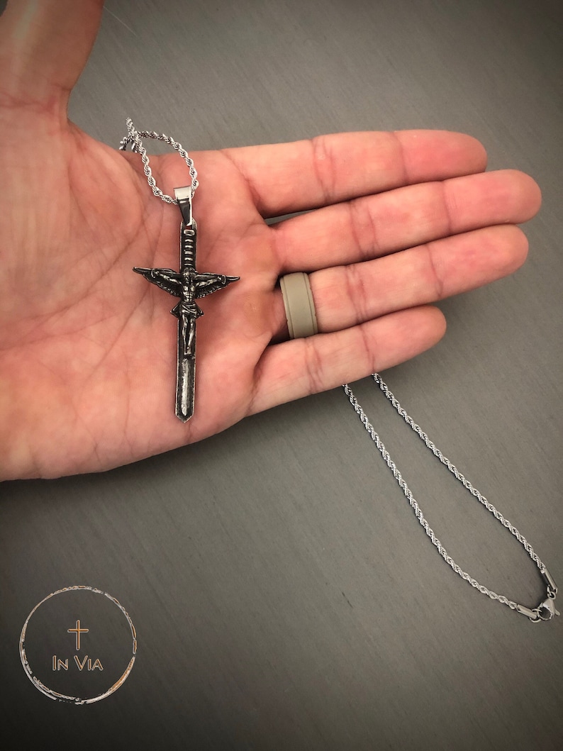 Sword of the Spirit Crucifix Necklace Catholic Crucifix Pendant Necklace Catholic Cross Jesus Necklace Distressed Metal