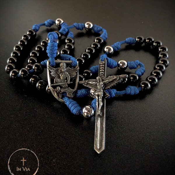 Our Warpath Rosary by In Via Handmade Rosary Necklace Catholic Rosary Beads St Michael Pendant Necklace Blue Paracord Black Stainless Steel