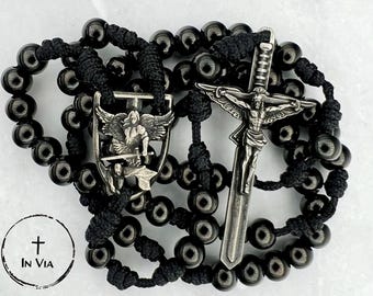 St Michael Rosary, Black Rosary with White Bronze Sword Crucifix & Centerpiece, Catholic Rosary for Men, Handmade Paracord Rosary
