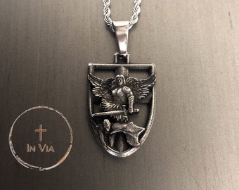 In Via St Michael Pendant Necklace Catholic Saint Pendant St Michael Necklace Confirmation Gift Saint Michael Defender Necklace