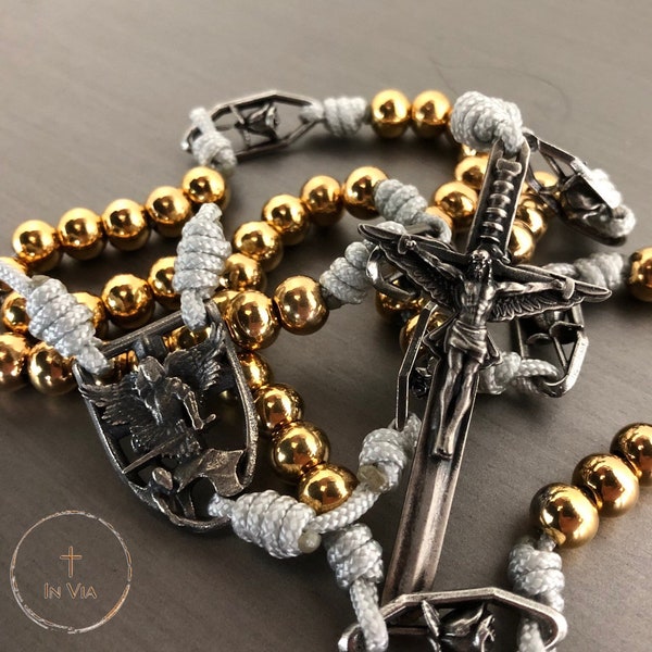 In Via St Michael Rosary Catholic Rosary Beads Handmade Rosary Necklace St Michael Pendant Octo Metallum Solid White Bronze Crucifix Rosary