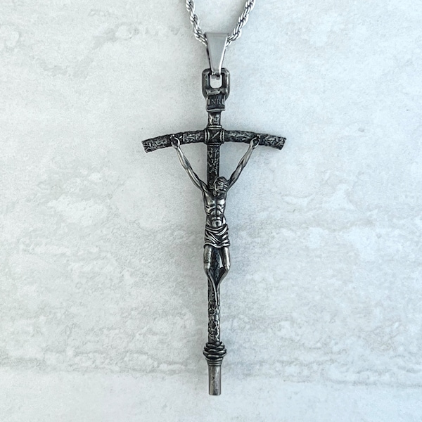 In Via Pope John Paul II Crucifix Necklace Solid White Bronze Catholic Crucifix