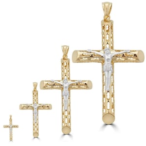 Custom 14k Gold Over Real Solid 925 Silver Two Tone Hollow Tube Cross Jesus Piece 4 Sizes Mens Ladies