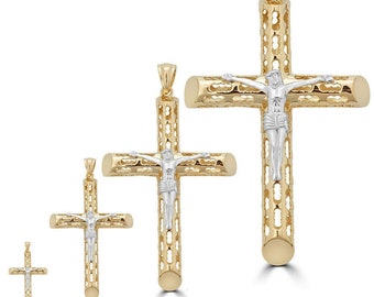 Custom 14k Gold Over Real Solid 925 Silver Two Tone Hollow Tube Cross Jesus Piece 4 Sizes Mens Ladies