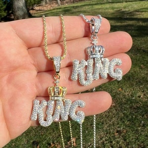 Men&#39;s Women&#39;s Iced Out Solid 925 Sterling Silver/Gold King Crown Hip Hop Rapper Pendant, 2mm Rope Chains Available 16&quot; - 30&quot;