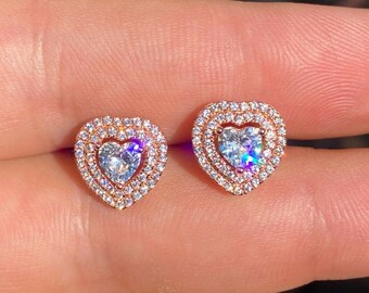 Rose Gold Heart Stud Earrings: Sterling Silver CZ Diamond Screwback